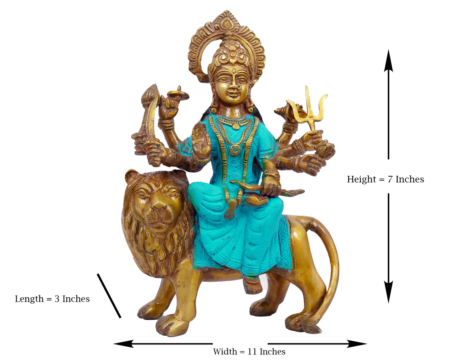 Goddess of Lions Murti in Blue Sari Brass Statue For Puja, Home Mandir, Gifts by Pooja Bazar 7 X 11 X 3 In