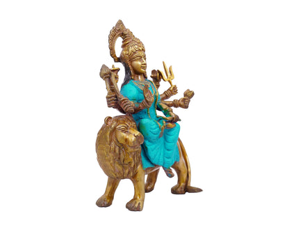 Goddess of Lions Murti in Blue Sari Brass Statue For Puja, Home Mandir, Gifts by Pooja Bazar 7 X 11 X 3 In